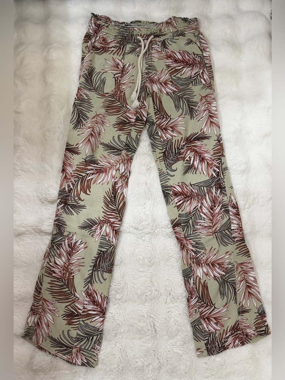 Tropical Wide-Leg Drawstring Pants in Beige and Pink